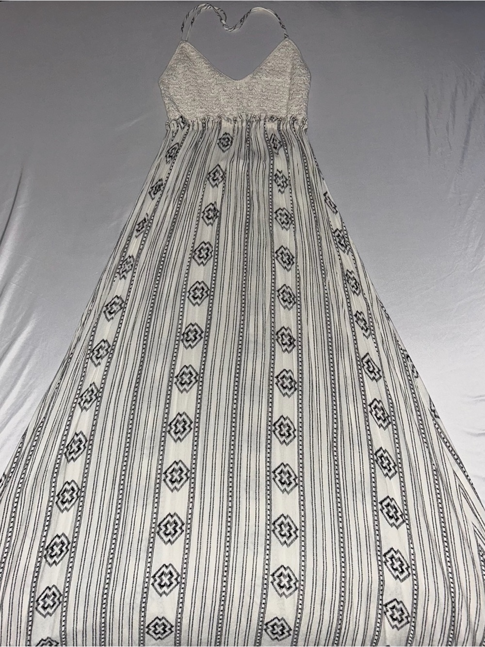 Dance & Marvel White Maxi Dress with Black Stripe Print low back crochet top